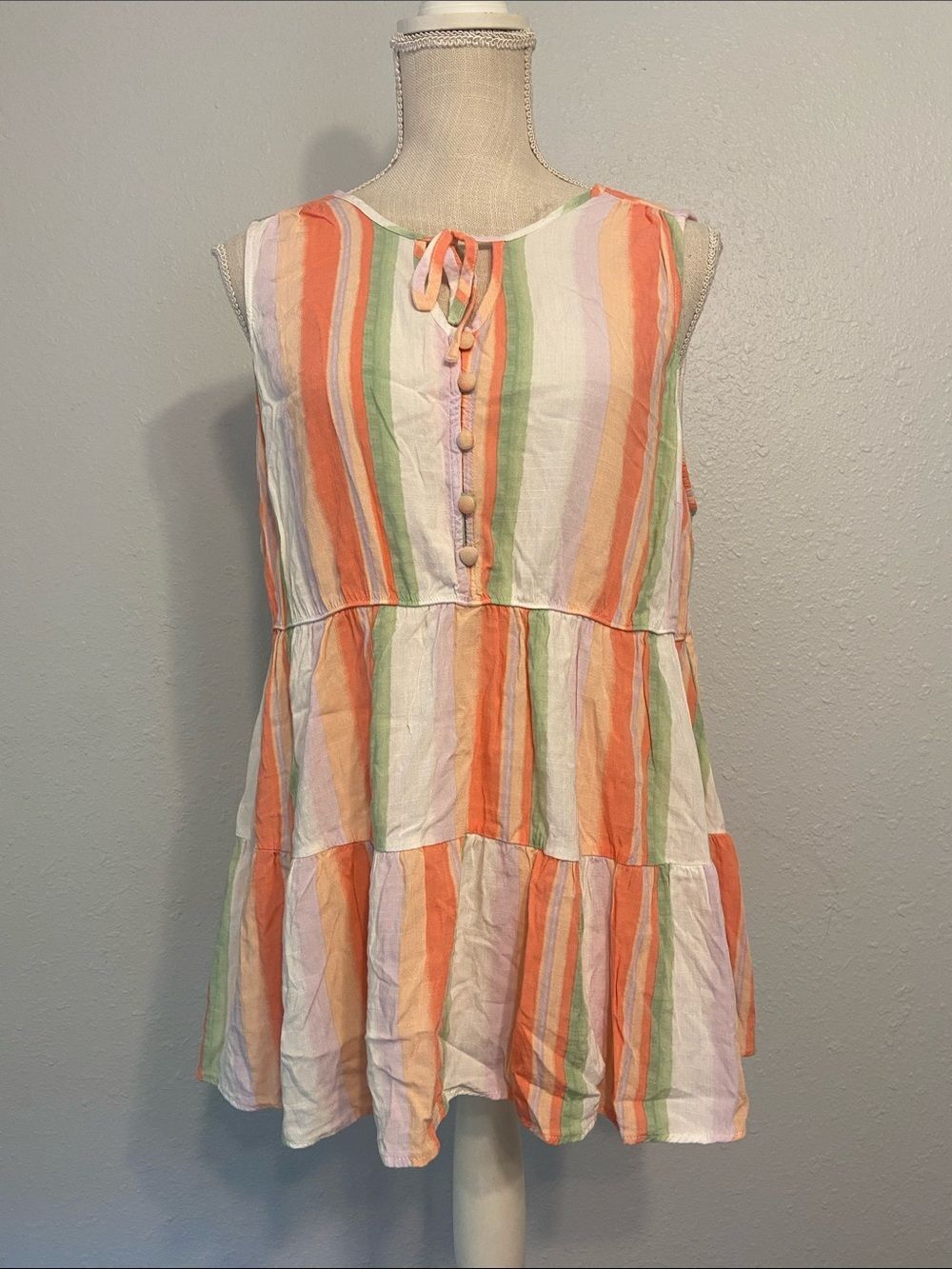 Torrid Orange & Green Pale Striped Tiered Lightweight Sleeveless Blouse Size 1